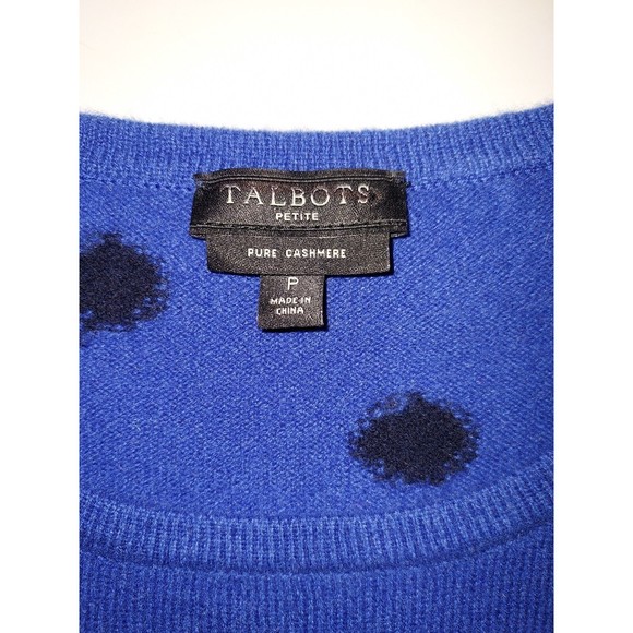 Ladies Talbot 100% Pure Cashmere Royal Blue W/Black Polka Dots Sweater Size P - Picture 2 of 7